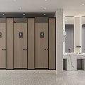 Modern Public Restroom Interior With Marble Vanity Multiple Mirrors Terrazzo Walls And Wooden Doors
