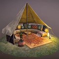 Decorative Garden Accent With Tent Like Outdoor Seating Area Grass Rug Cushions And Potted Plants