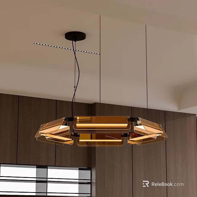 Modern Geometric Pendant Light With Gold Metal Frame In Kitchen Interior With Wooden Cabinets 3d model 