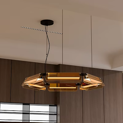 Modern Geometric Pendant Light With Gold Metal Frame In Kitchen Interior With Wooden Cabinets 3d model