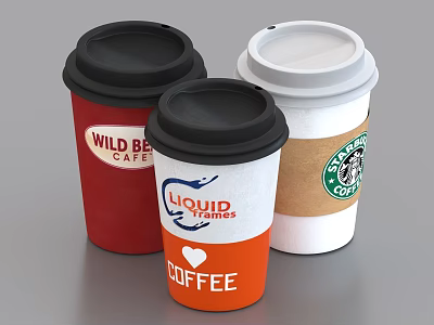 Assorted Branded Coffee Drinks in Paper Cups with Lids Featuring Starbucks Wild Bear and Liquid 3d model