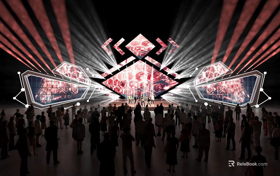 Vibrant Concert Stage with Crowd Dynamic Red White Lighting and Geometric Decorations 3d model 