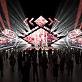 Vibrant Concert Stage with Crowd Dynamic Red White Lighting and Geometric Decorations