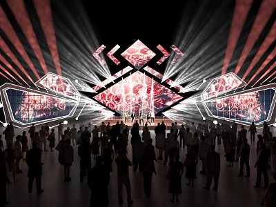 Vibrant Concert Stage with Crowd Dynamic Red White Lighting and Geometric Decorations 3d model