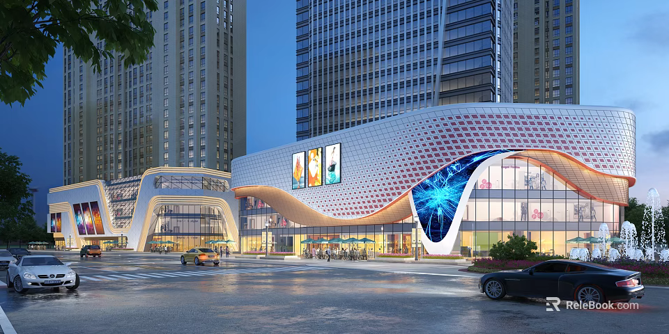 Modern Urban Sales Office Building With Curved Glass Facade And High Rise Background At Dusk 3d model 