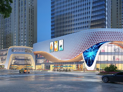Modern Urban Sales Office Building With Curved Glass Facade And High Rise Background At Dusk 3d model