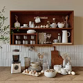 Tableware Set With Cups Plates Bowls Pitchers And Glassware On Kitchen Wooden Shelf
