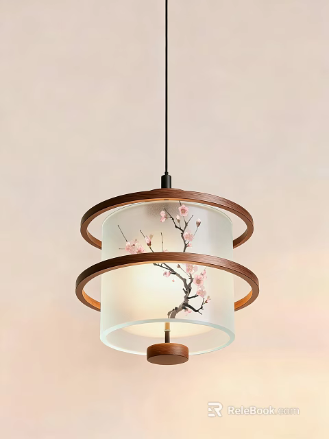 Traditional Chinese Style Chandelier With Wooden Frame Transparent Lampshade And Plum Blossom Design 3d model 