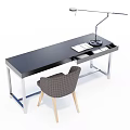 Modern Black Desk With Metal Frame Adjustable Lamp Notebook And Gray Checkered Chair