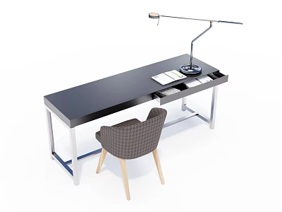 Modern Black Desk With Metal Frame Adjustable Lamp Notebook And Gray Checkered Chair 3d model