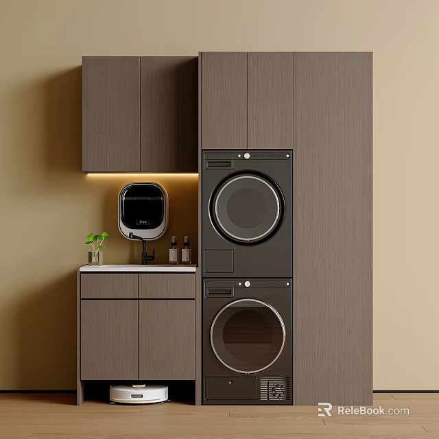 Modern Balcony Cabinet Design With Stacked Laundry Appliances Countertop Mirror And Potted Plant 3d model 