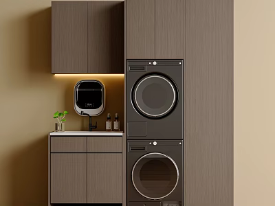 Modern Balcony Cabinet Design With Stacked Laundry Appliances Countertop Mirror And Potted Plant 3d model