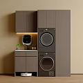 Modern Balcony Cabinet Design With Stacked Laundry Appliances Countertop Mirror And Potted Plant