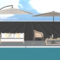 Outdoor Sofa With Rattan Chairs And Umbrellas For Swimming Pool Patio Relaxation Area