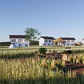 Rural Landscape Featuring Winding Road Through Wheat Fields With Houses And Trees Under Blue Sky