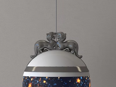 Chandelier with Symmetrical Animal Statues and Spherical Lampshade Featuring Blue Gold Sparkling Details 3d model