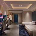Gaming Hotel Guest Room with Dual Computers Gaming Chairs Two Beds and Modern Lighting