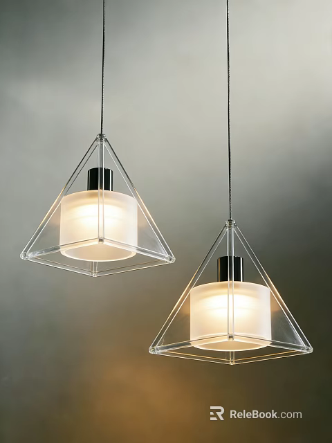 Two Modern Pendant Lights With Triangular Clear Acrylic Frame And White Lampshade 3d model 