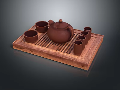 Traditional Tea Set With Wooden Tray Brown Teapot And Small Cups 3d model