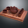 Traditional Tea Set With Wooden Tray Brown Teapot And Small Cups