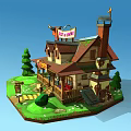 Cartoon Doll Shop Cottage With Mossy Roof Green Lawn Steps And Goat Figure