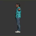 Man In Blue Palm Tree Shirt With Blue Jeans And White Sneakers Arms Outstretched
