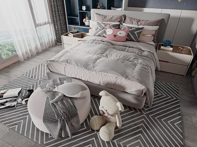 Kids Bed With Pink Owl Pillow Gray Quilt Plush Rabbit Toy And Geometric Pattern Rug 3d model