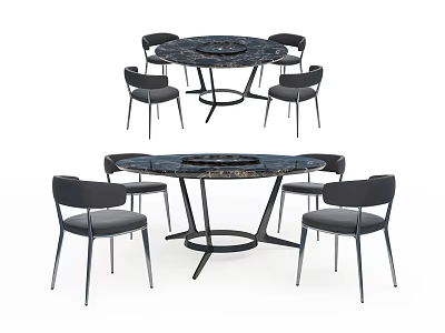 Modern Dining Table Set with Round and Oval Tables Black Chairs and Marble Tops 3d model