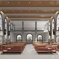 Church Interior With Wooden Pews Cross Arched Windows And Religious Paintings