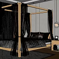 Modern Four Poster Double Bed With White Sheer Curtains Colorful Pillows And City View
