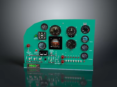 Vintage Green Control Panel With Multiple Gauges Buttons And Switches 3d model