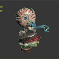 Character And Creature 3D Model With Red Striped Shell Blue Tentacles Rocky Base Water Splash