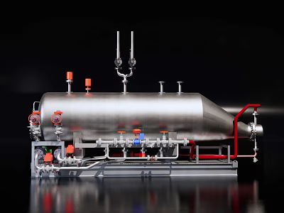 Large Stainless Steel Industrial Storage Tank with Pipes Valves and Control Components 3d model