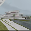 Modern Cultural Center Building With Pond And People Gathering In Open Space