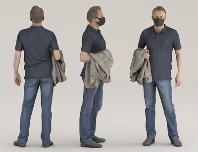 Man In Dark Blue Polo Shirt And Jeans With Mask Holding Coat Three Different Angles 3d model