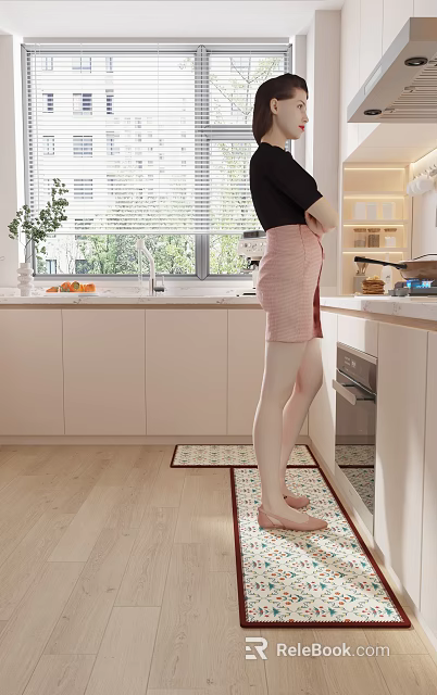 Modern Kitchen Interior With White Cabinets Window Countertop Fruits Coffee Machine And Floor Mats 3d model 