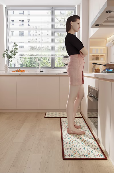 Modern Kitchen Interior With White Cabinets Window Countertop Fruits Coffee Machine And Floor Mats 3d model