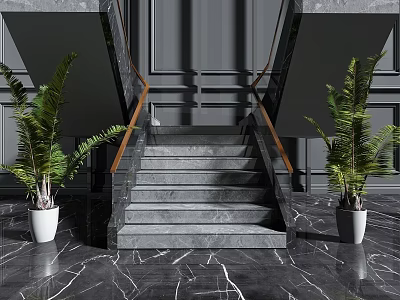 Elegant Marble Staircase With Wooden Handrails Green Plants And Dark Wall 3d model