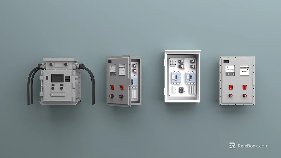 Industrial Electrical Control Boxes With Different Designs Mounted on Gray Wall 3d model 