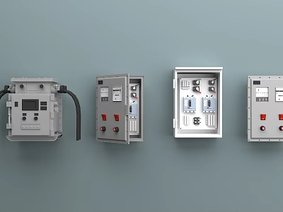 Industrial Electrical Control Boxes With Different Designs Mounted on Gray Wall 3d model