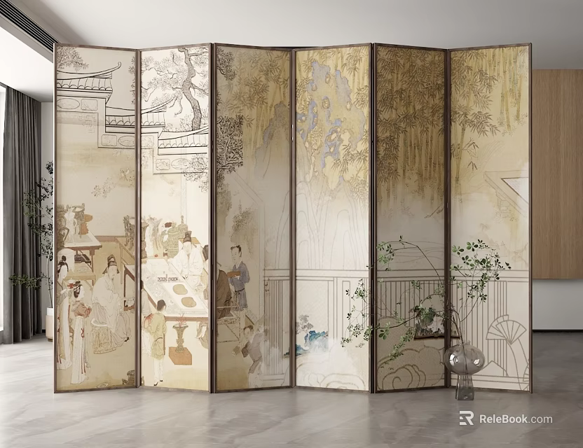 Chinese Traditional Six Panel Room Divider With Classical Paintings In Modern Living Space 3d model 