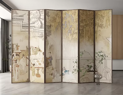 Chinese Traditional Six Panel Room Divider With Classical Paintings In Modern Living Space 3d model