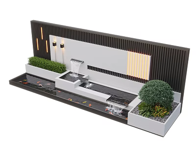 Modern Water Fountain With Black Wooden Backdrop Wall White Platform Green Plants And Warm Lighting 3d model