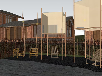 Garden Landscape Featuring Tall Wooden Screens Wooden Chairs Stone Pavement And Brick House 3d model