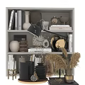 Stylish Decorative Ornament Set with Vases Table Lamp Books and Dried Pampas Grass on Shelf