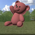 Red Teddy Bear Landscape Sculpture in Green Grass Field with Trees and Blue Sky