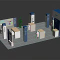 Modern Exhibition Booth Design With Blue White Display Stands And Tables
