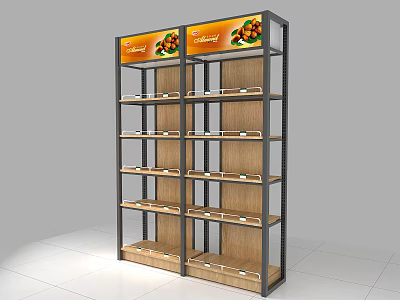 Double Display Shelves with Black Metal Frame Wooden Layers and Orange Top Signage 3d model