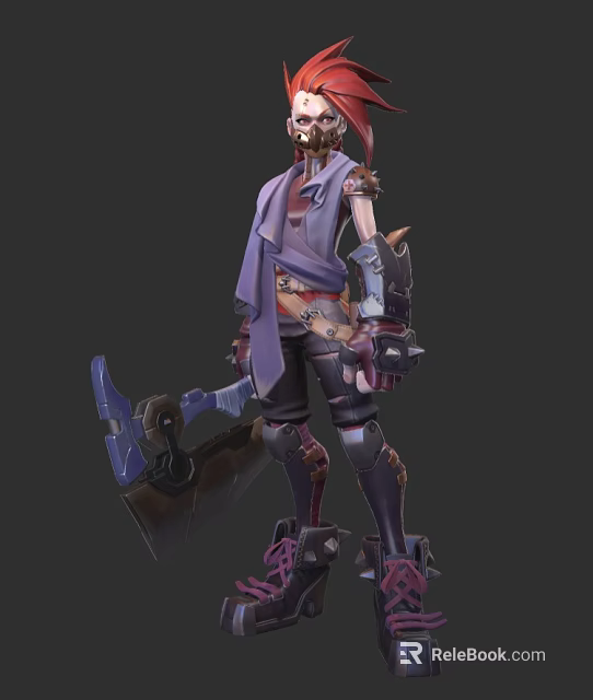 Steampunk Warrior Character Holding Mechanical Axe Wearing Armored Outfit Purple Coat And Leather Boots 3d model 
