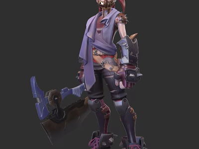 Steampunk Warrior Character Holding Mechanical Axe Wearing Armored Outfit Purple Coat And Leather Boots 3d model
